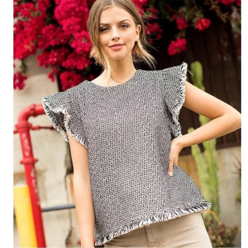 THML herringbone tweed fringe top. Size S. - Picture 5 of 16